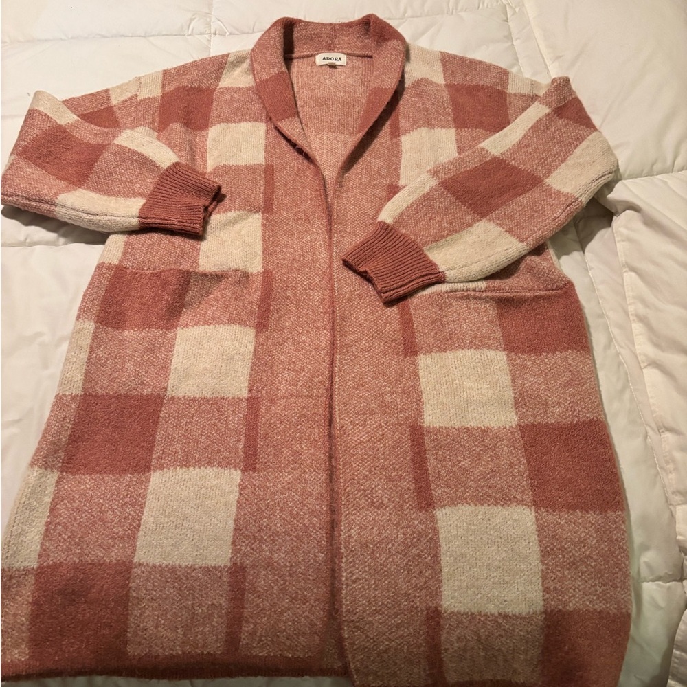 ADORA Checkered Cardigan - Pink and Cream